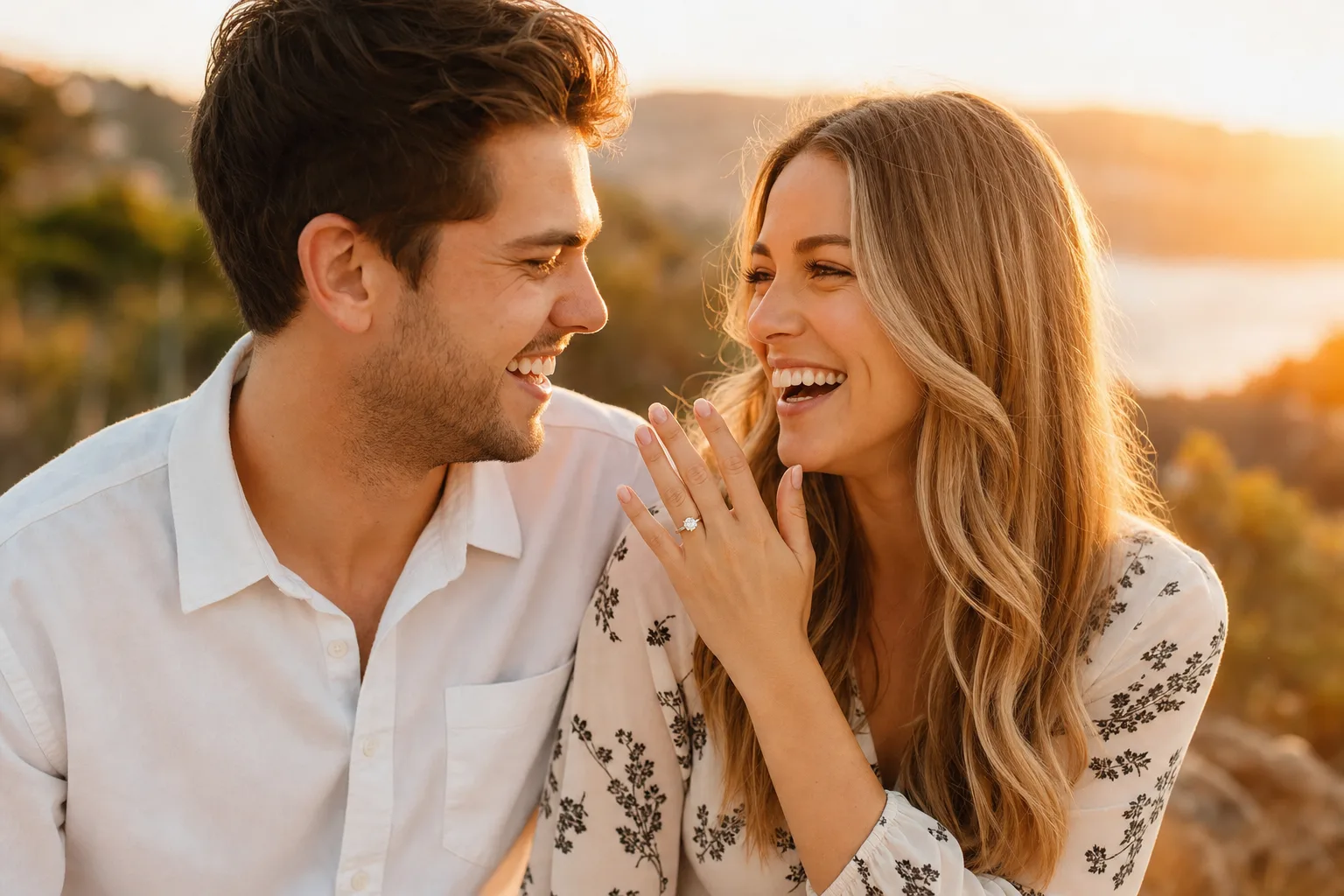 An engaged couple laughing together — Ari Diamonds
