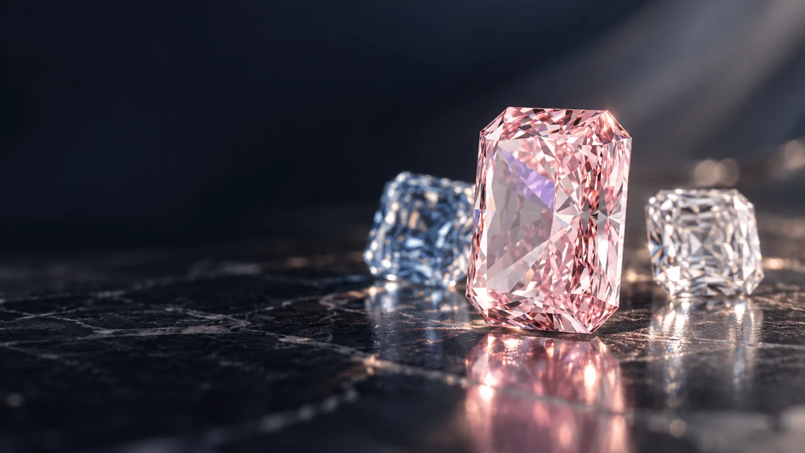 Artwork of pink, blue and white lab-grown diamond possibilities